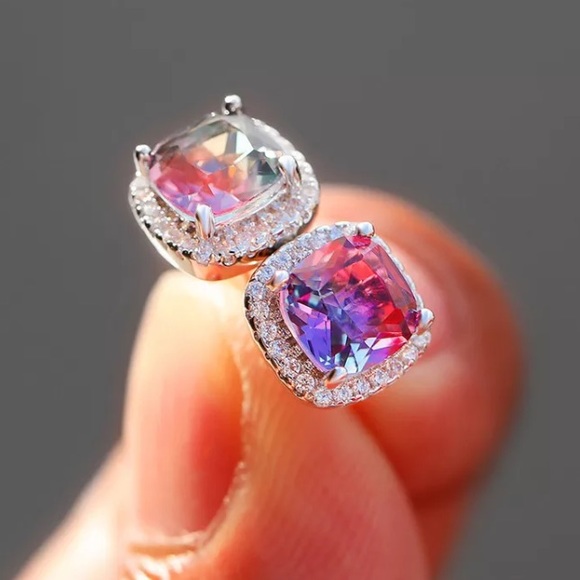 Gold Plated Pink Purple Stud Earrings - Picture 2 of 3